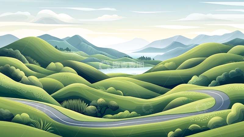 高清大图下载【趣麦麦图】蜿蜒山路与绿色丘陵风景