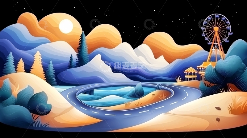 高清大图下载【趣麦麦图】梦幻夜景中的摩天轮与河流