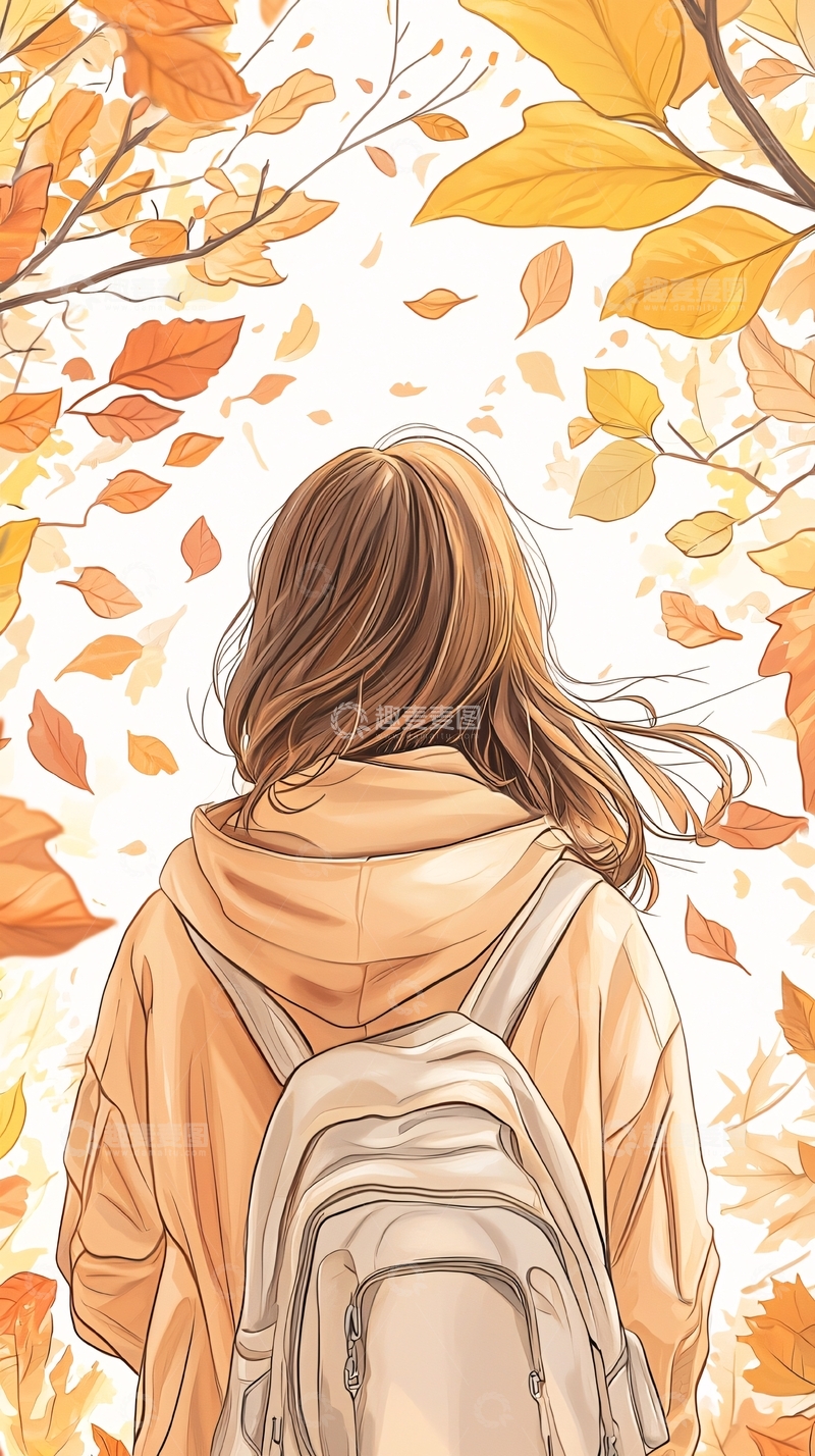 高清大图下载【趣麦麦图】秋日落叶中的背影
