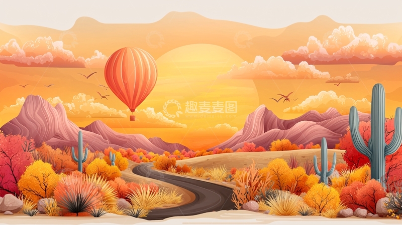 高清大图下载【趣麦麦图】沙漠热气球日落风景