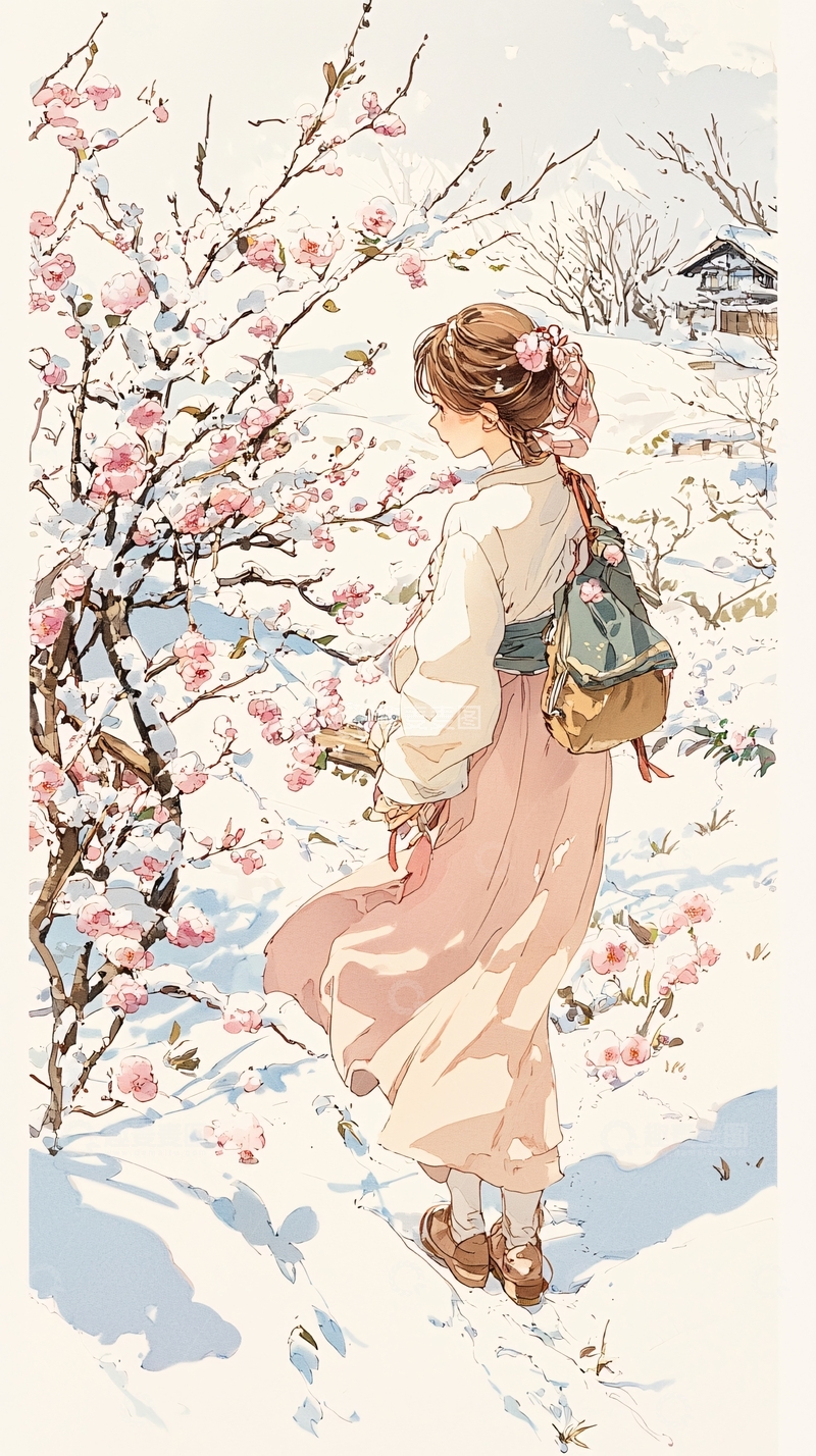 高清大图下载【趣麦麦图】雪中樱花下的少女