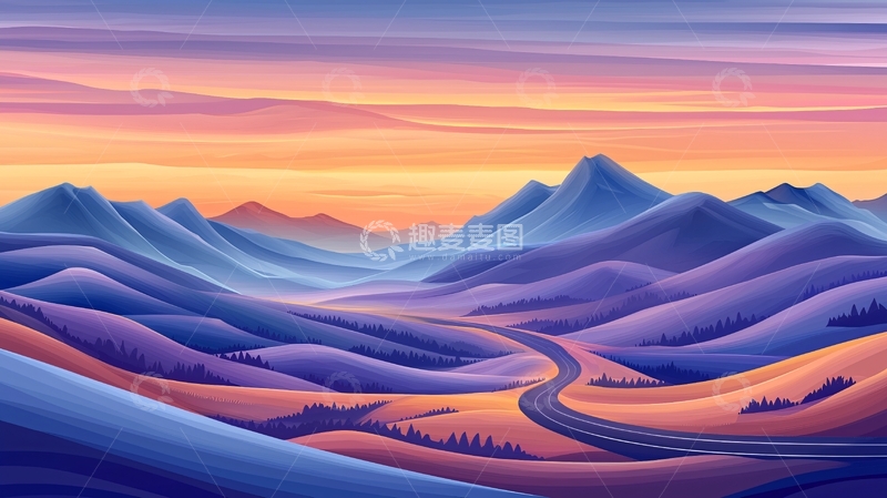 高清大图下载【趣麦麦图】夕阳下的山脉与蜿蜒公路