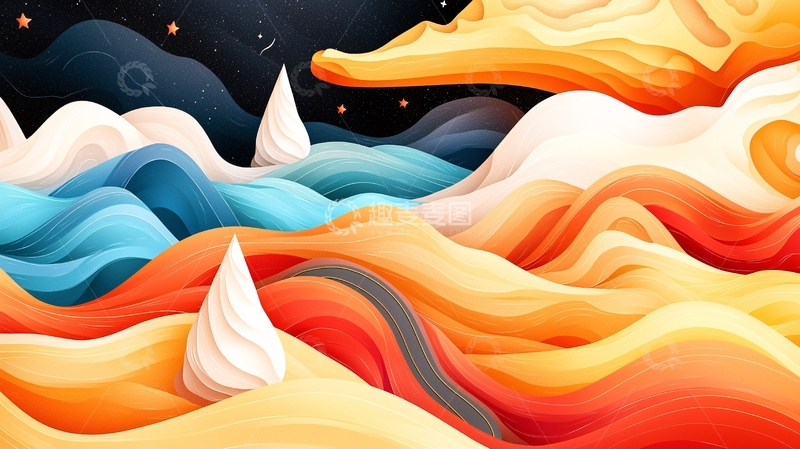 高清大图下载【趣麦麦图】梦幻色彩流动山脉夜空