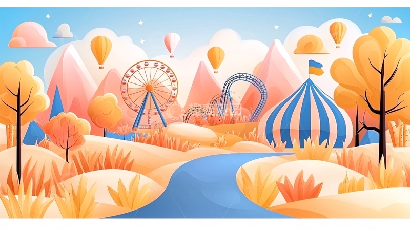 高清大图下载【趣麦麦图】秋日游乐园风景插画