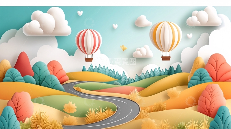 高清大图下载【趣麦麦图】秋日热气球与蜿蜒公路