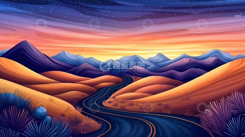 高清大图下载【趣麦麦图】沙漠夜景星辰下的蜿蜒之路