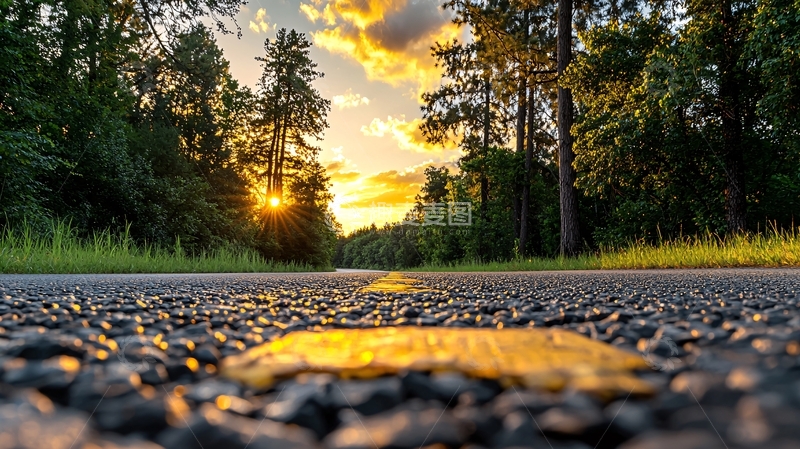 高清大图下载【趣麦麦图】夕阳下的森林公路