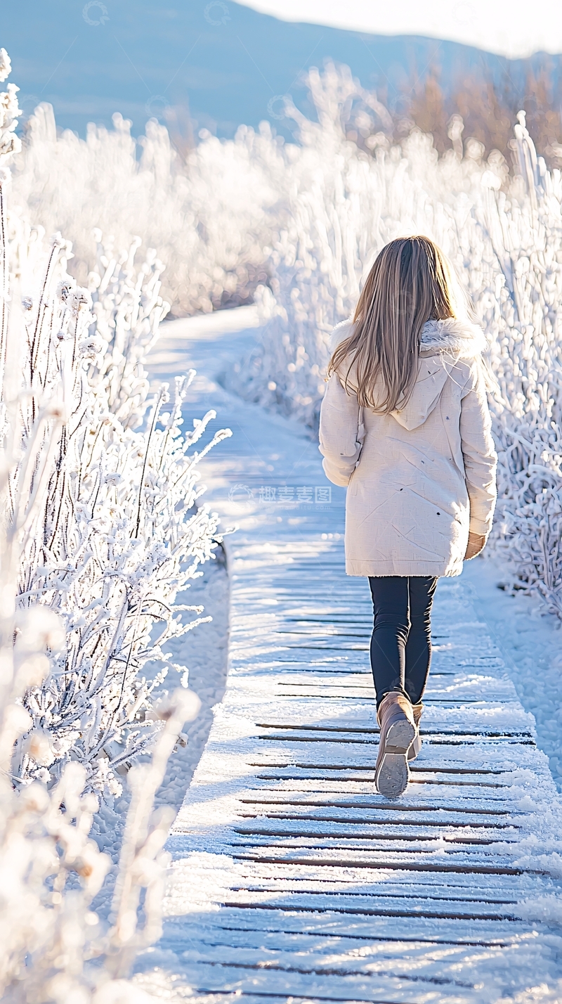 高清大图下载【趣麦麦图】雪地漫步的女孩