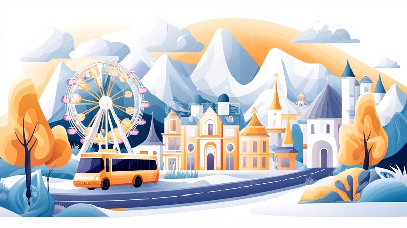 高清大图下载【趣麦麦图】雪景中的城堡与摩天轮