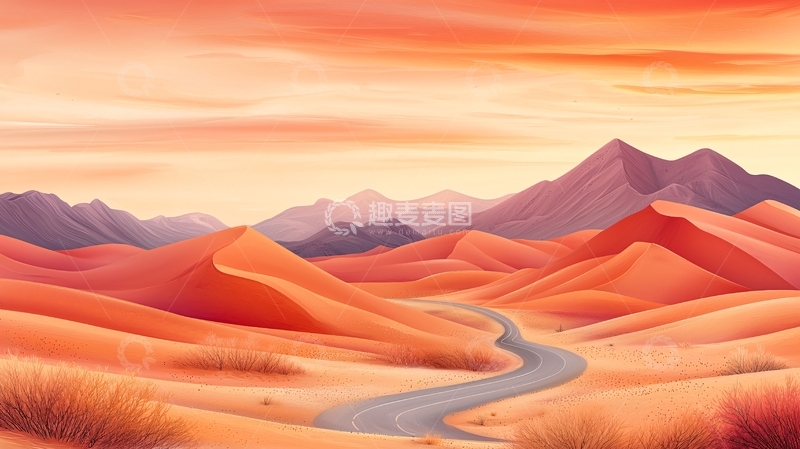 高清大图下载【趣麦麦图】沙漠公路日落风景