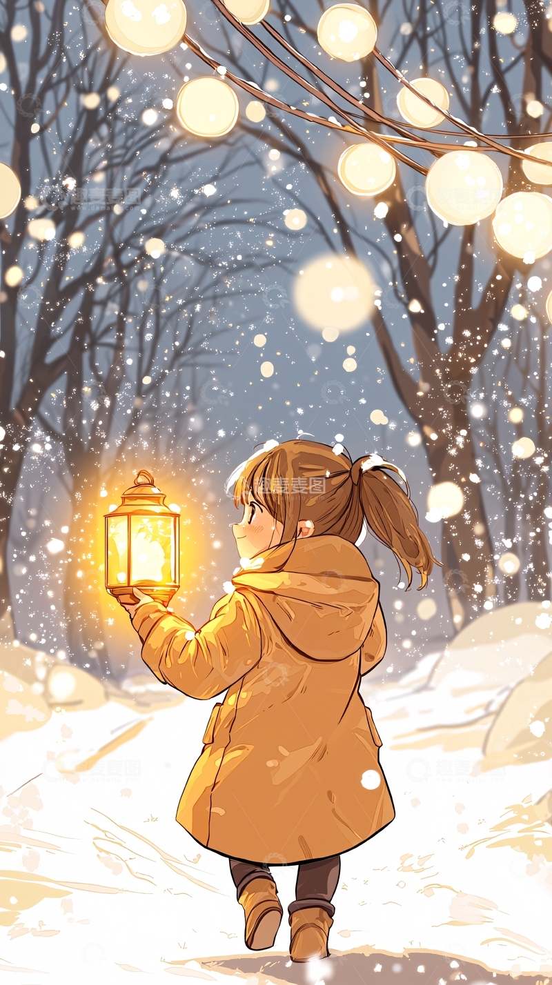 高清大图下载【趣麦麦图】冬日雪景中的灯笼女孩