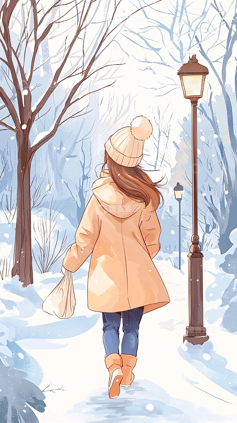高清大图下载【趣麦麦图】冬日雪景中的温暖背影