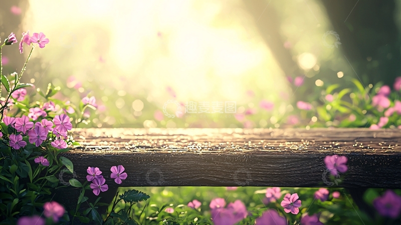 高清大图下载【趣麦麦图】晨光中的木桌与紫色花朵