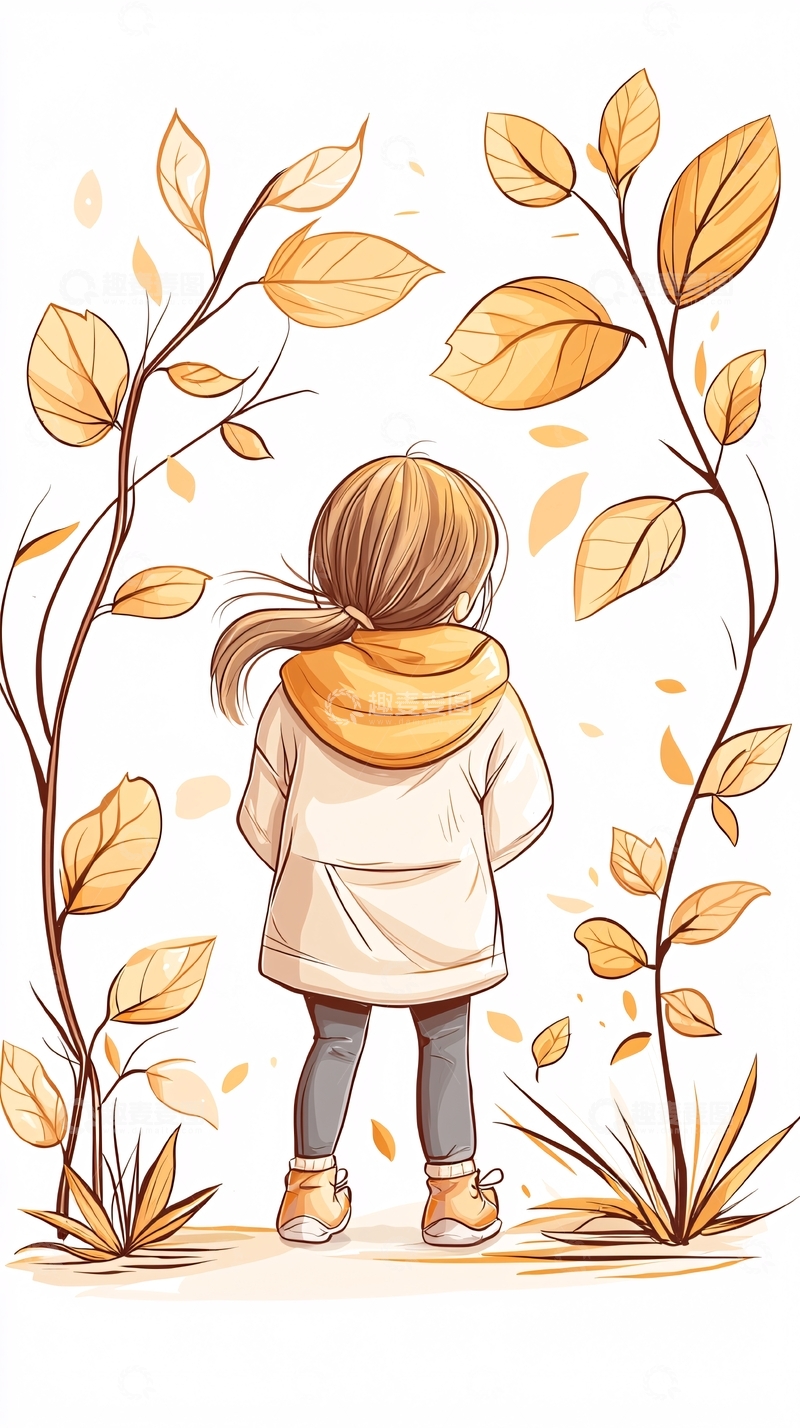 高清大图下载【趣麦麦图】秋日落叶中的女孩背影