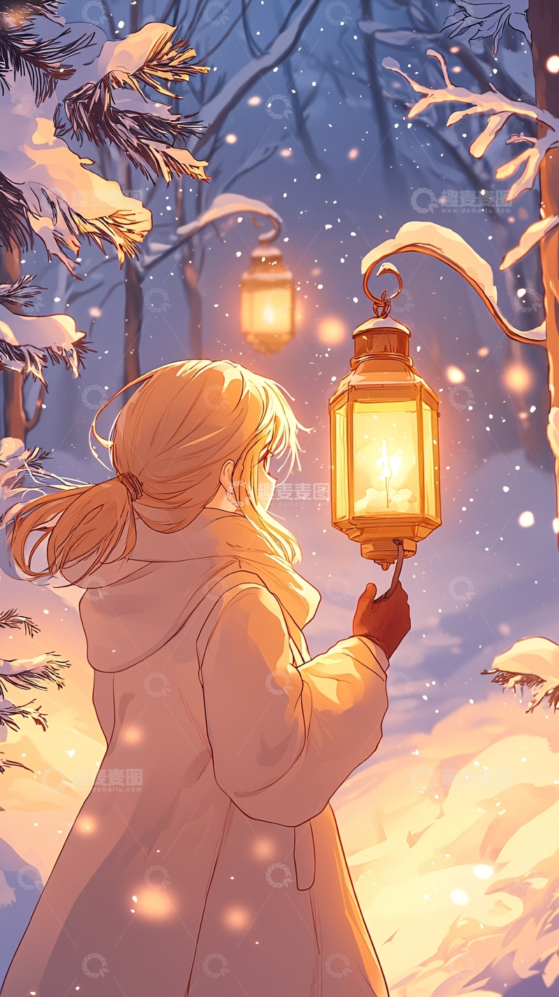高清大图下载【趣麦麦图】冬夜雪景中的灯笼女孩
