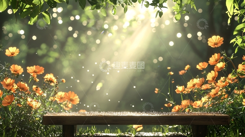 高清大图下载【趣麦麦图】阳光下的花海木凳