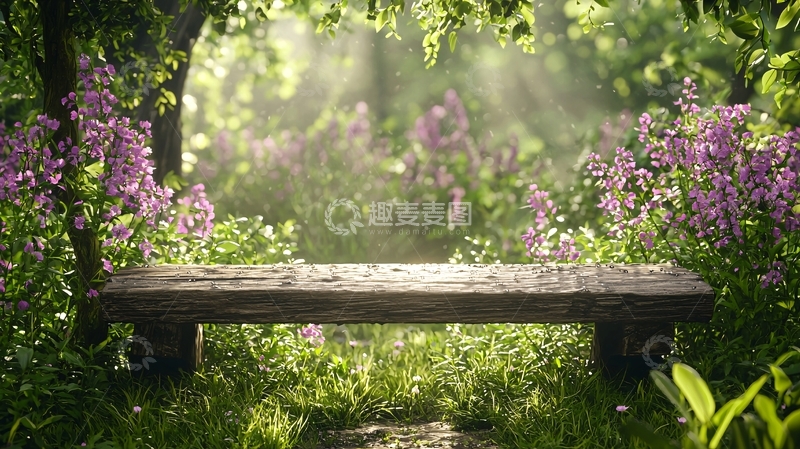 高清大图下载【趣麦麦图】阳光下的木凳与紫色花朵