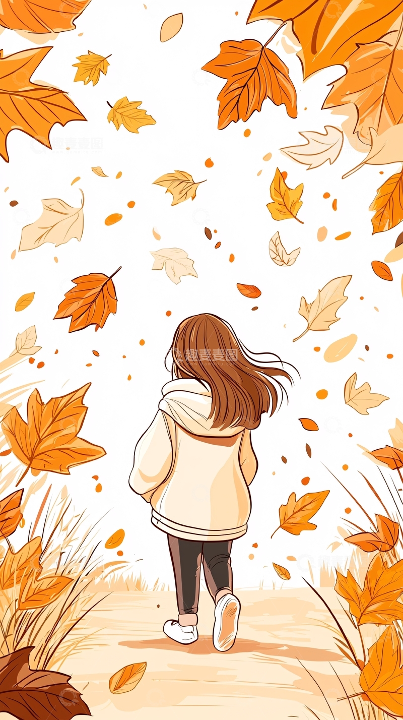 高清大图下载【趣麦麦图】秋日落叶女孩背影