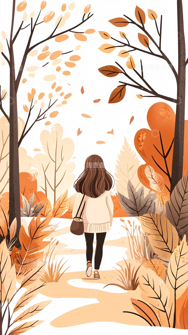 高清大图下载【趣麦麦图】秋日森林漫步女孩