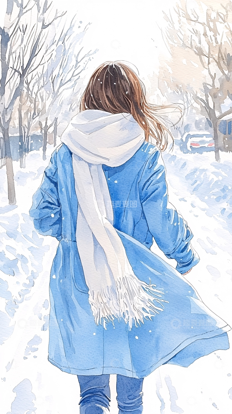 高清大图下载【趣麦麦图】冬日雪景中的蓝色外套女孩