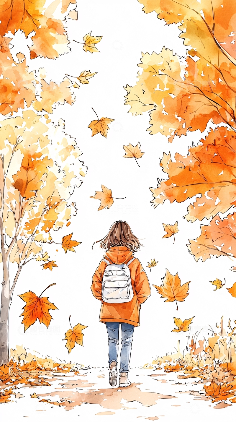 高清大图下载【趣麦麦图】秋日落叶中的背影