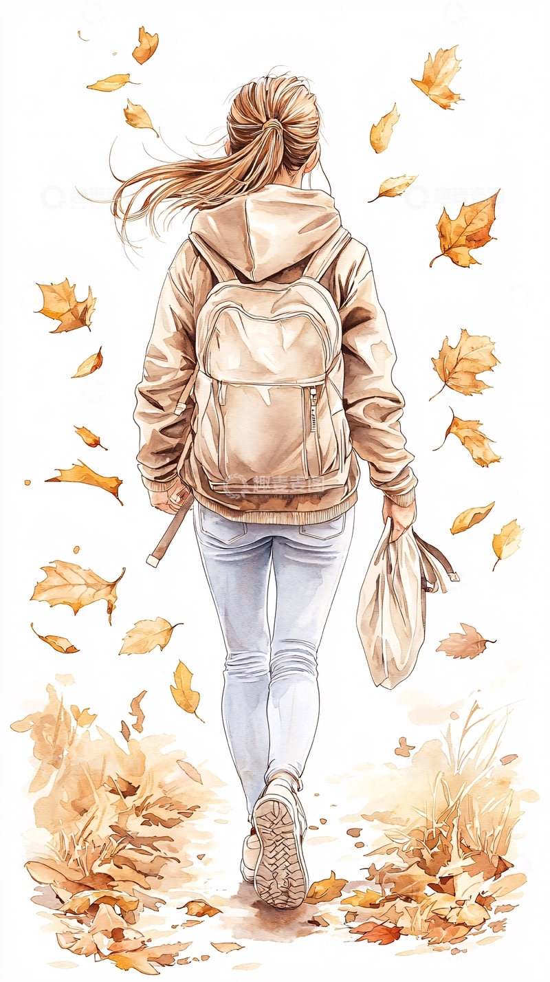 高清大图下载【趣麦麦图】秋日背影女孩行走插画