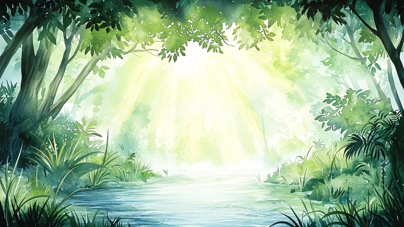 高清大图下载【趣麦麦图】森林中的小溪阳光明媚