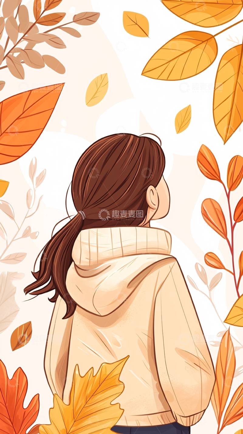 高清大图下载【趣麦麦图】秋日背影女孩插画