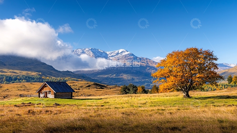 高清大图下载【趣麦麦图】秋日山间小屋与孤树