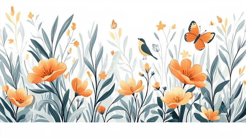 高清大图下载【趣麦麦图】橙色花朵与蝴蝶的自然场景