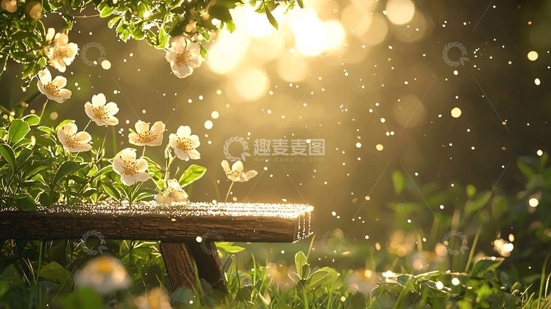 高清大图下载【趣麦麦图】阳光下的花与木凳