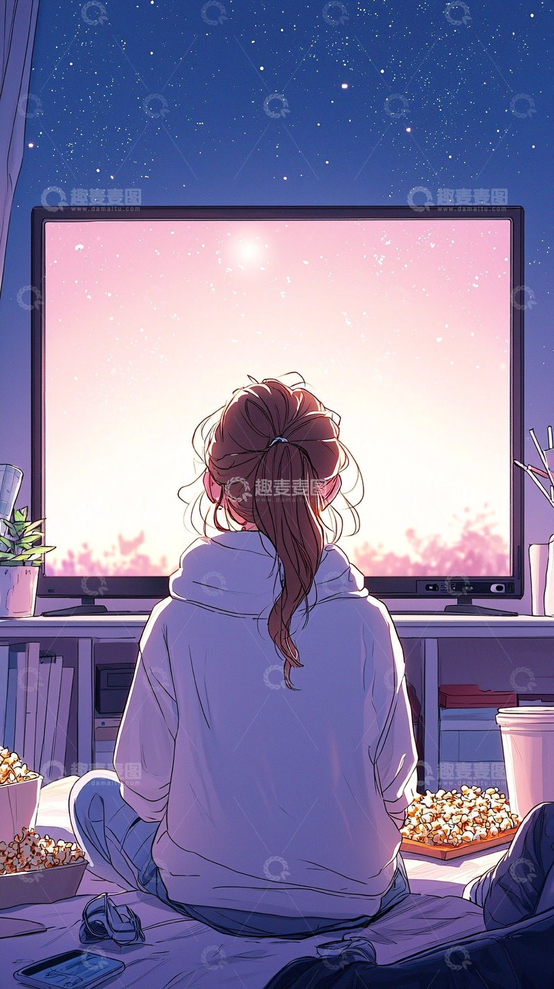 高清大图下载【趣麦麦图】夜晚星空下的电视前女孩