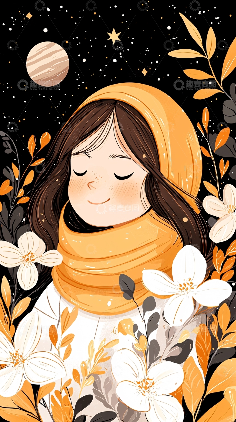 高清大图下载【趣麦麦图】秋夜花海中的少女