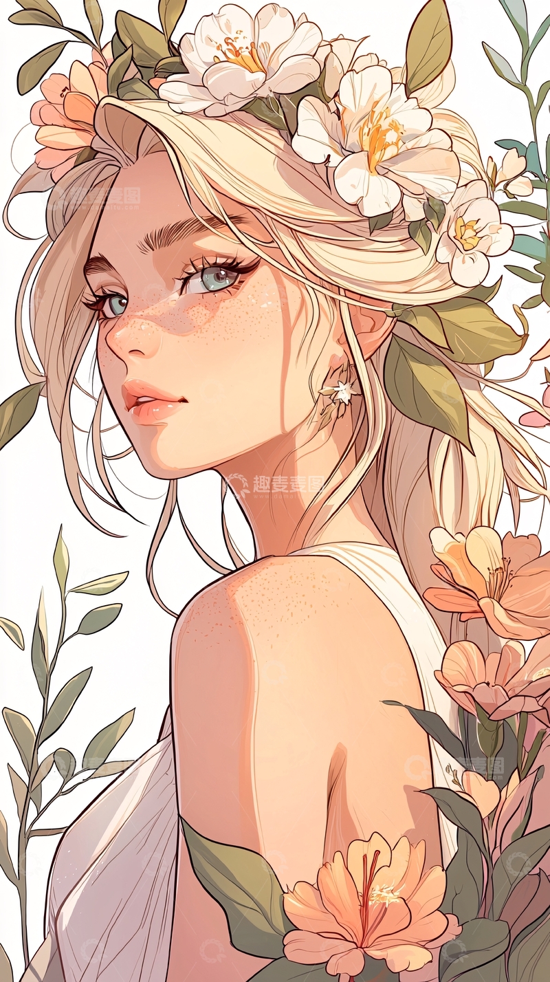 高清大图下载【趣麦麦图】花环少女插画艺术图