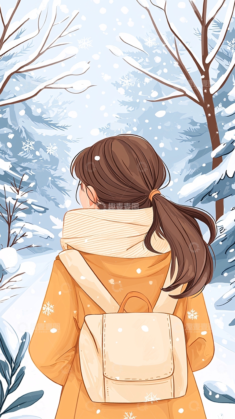 高清大图下载【趣麦麦图】冬日雪景中的女孩背影
