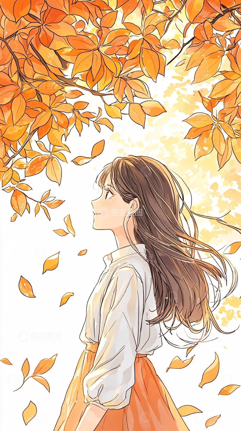 高清大图下载【趣麦麦图】秋日落叶少女
