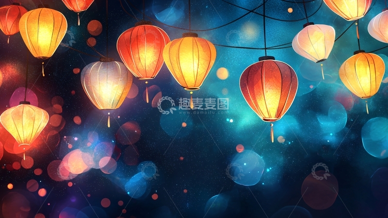 高清大图下载【趣麦麦图】夜空中悬挂的灯笼