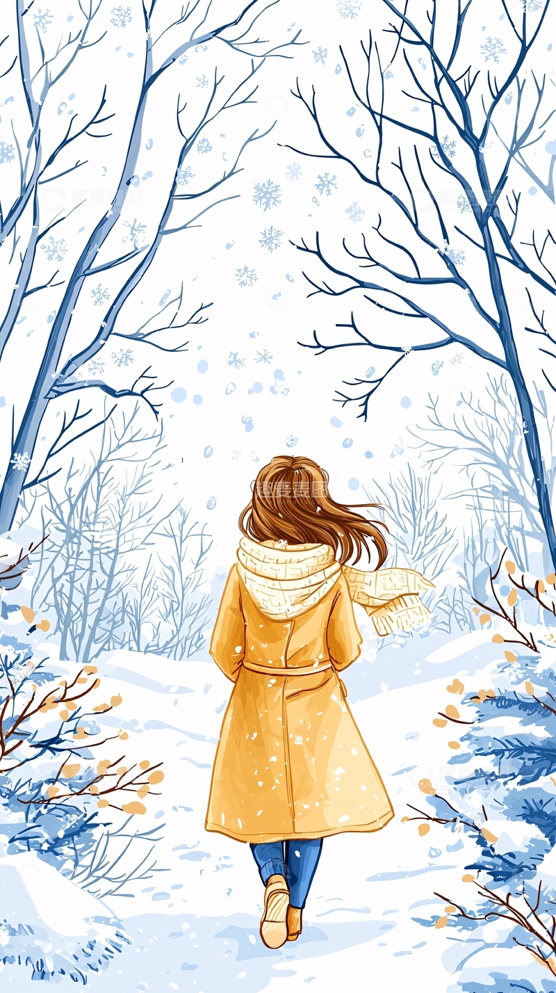 高清大图下载【趣麦麦图】冬日雪景中的背影女孩