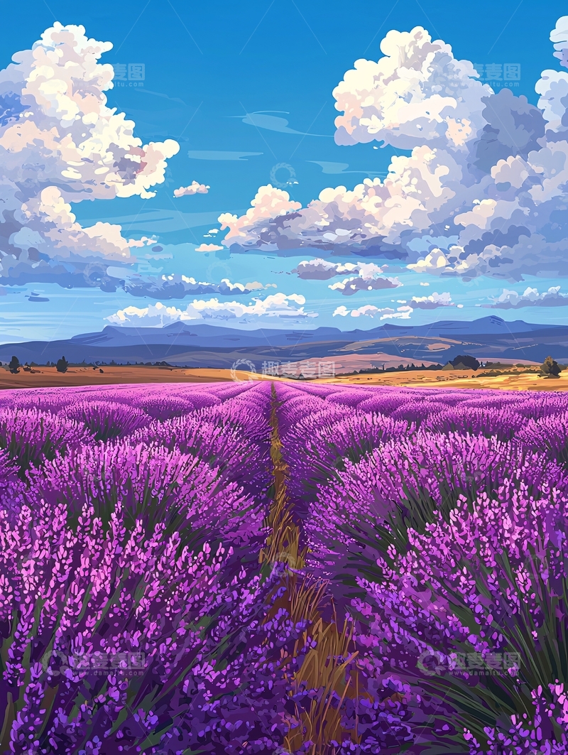 高清大图下载【趣麦麦图】-薰衣草田野下的蓝天白云