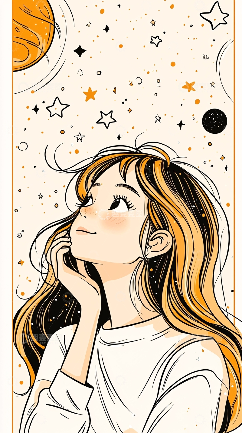 高清大图下载【趣麦麦图】星空下的思考女孩插画