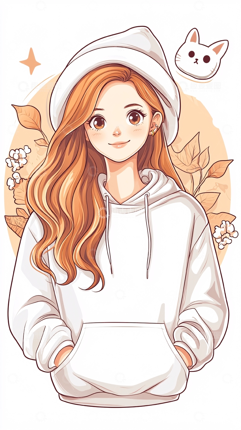 高清大图下载【趣麦麦图】秋日少女与小猫插画