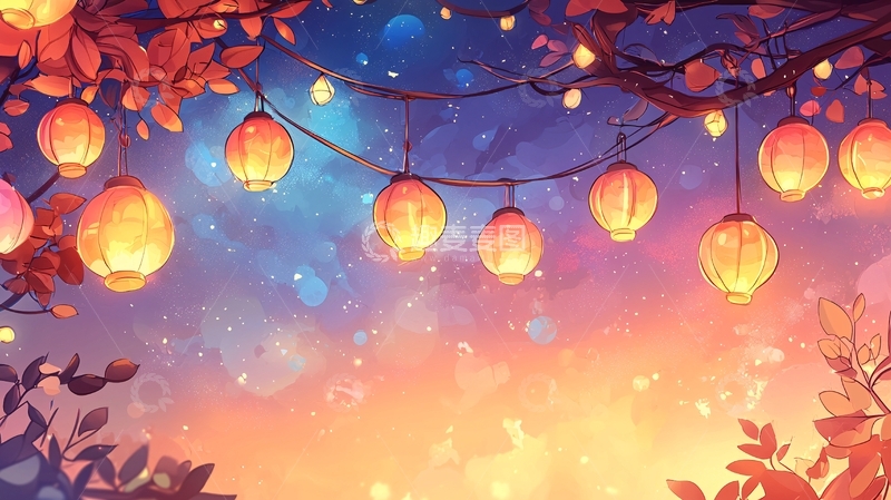 高清大图下载【趣麦麦图】秋夜灯笼挂树梢