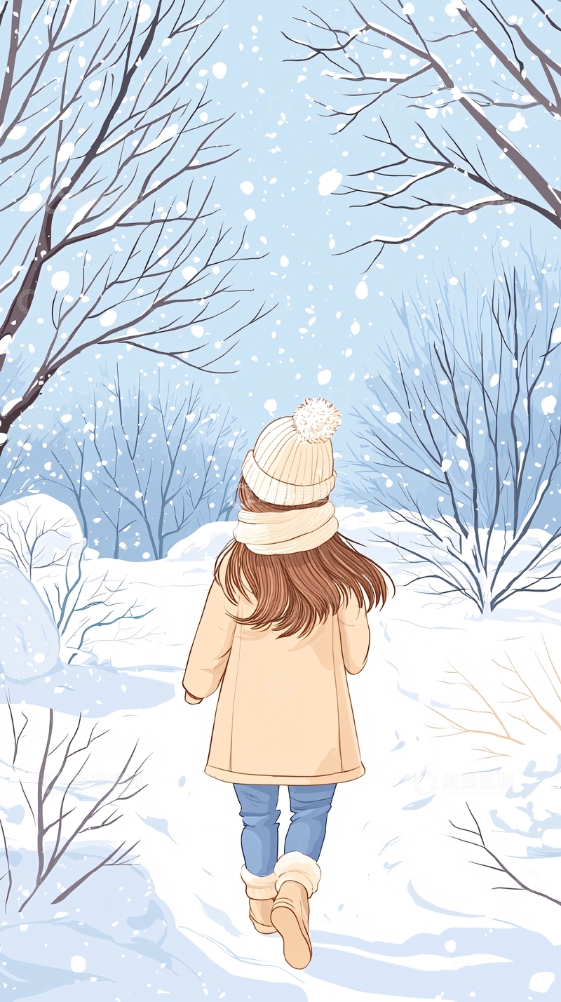 高清大图下载【趣麦麦图】冬日雪景中的女孩背影
