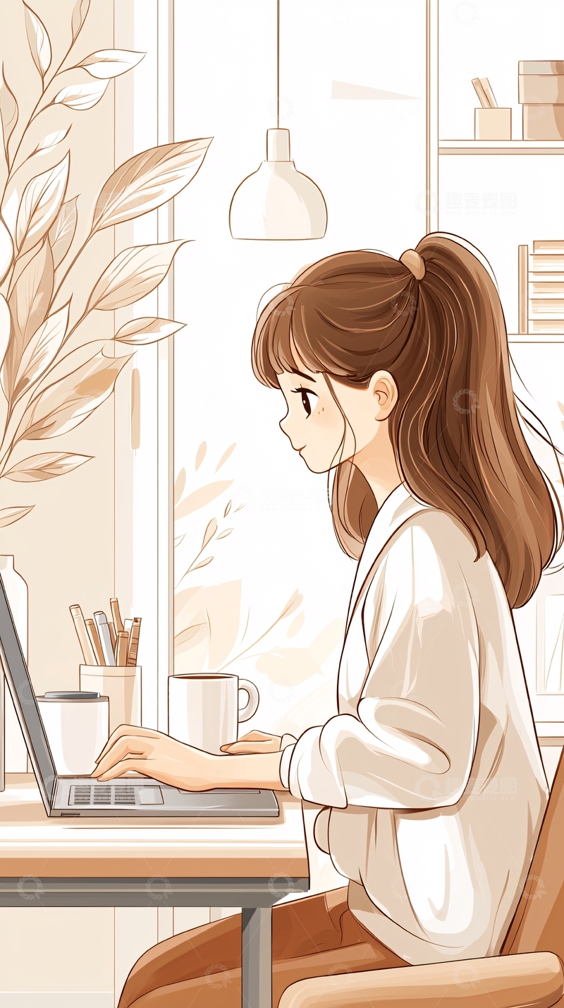 高清大图下载【趣麦麦图】温馨办公室工作场景插画