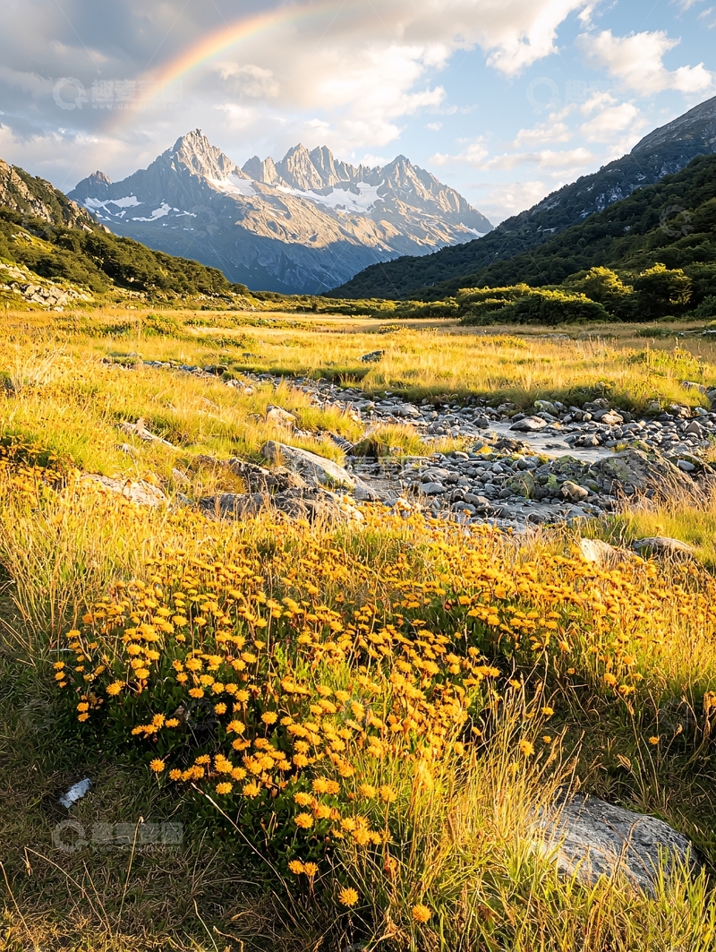 高清大图下载【趣麦麦图】彩虹山间野花溪流