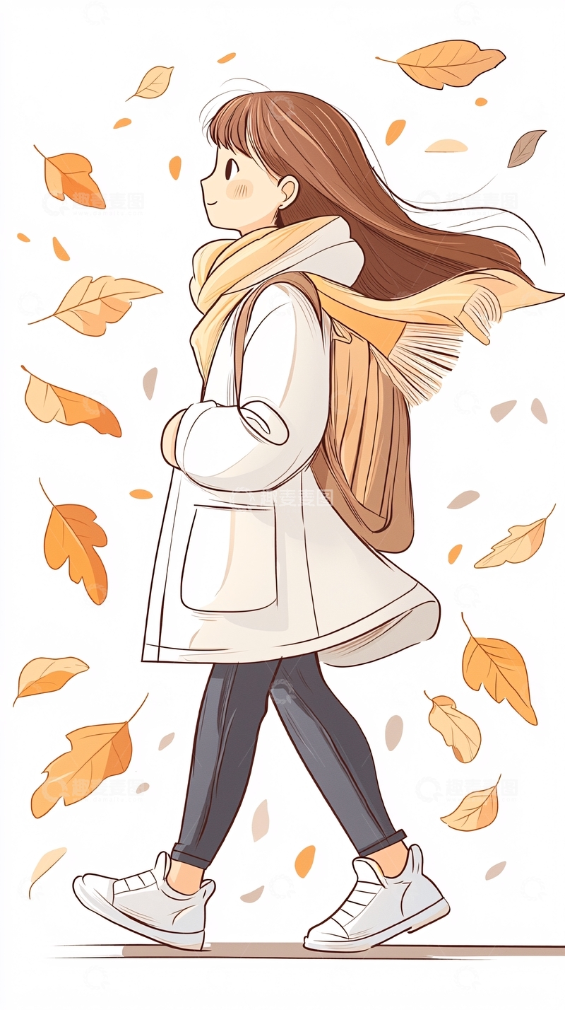 高清大图下载【趣麦麦图】秋日漫步的女孩插画