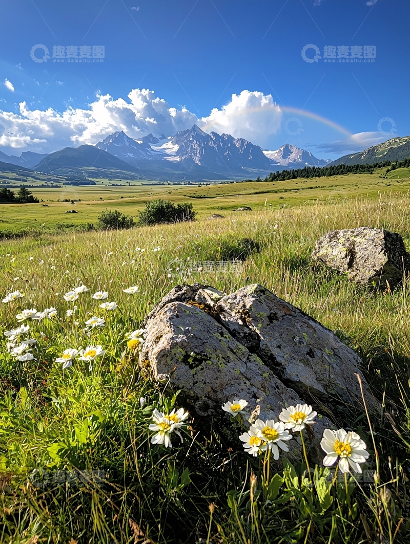 高清大图下载【趣麦麦图】阿尔卑斯山下的野花与彩虹