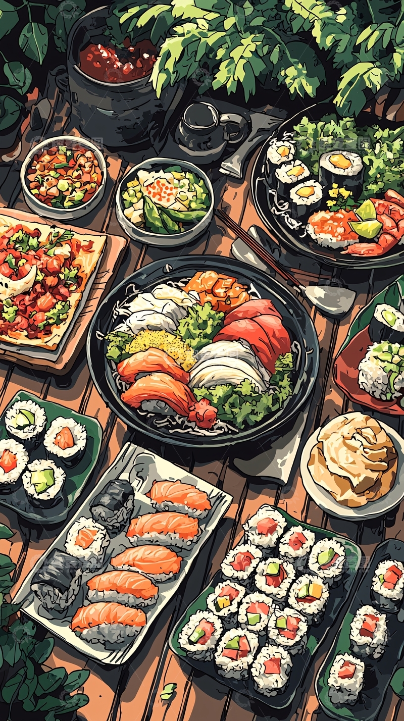 高清大图下载【趣麦麦图】寿司拼盘美食插画