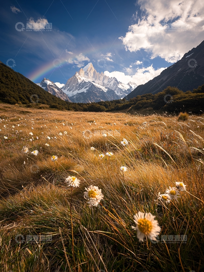高清大图下载【趣麦麦图】雪山下的野花草地风景