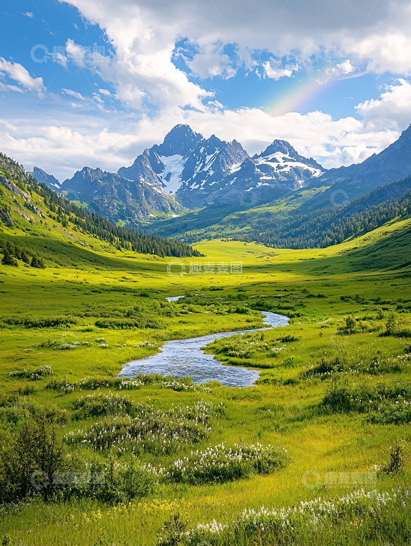 高清大图下载【趣麦麦图】雪山草地彩虹自然风光